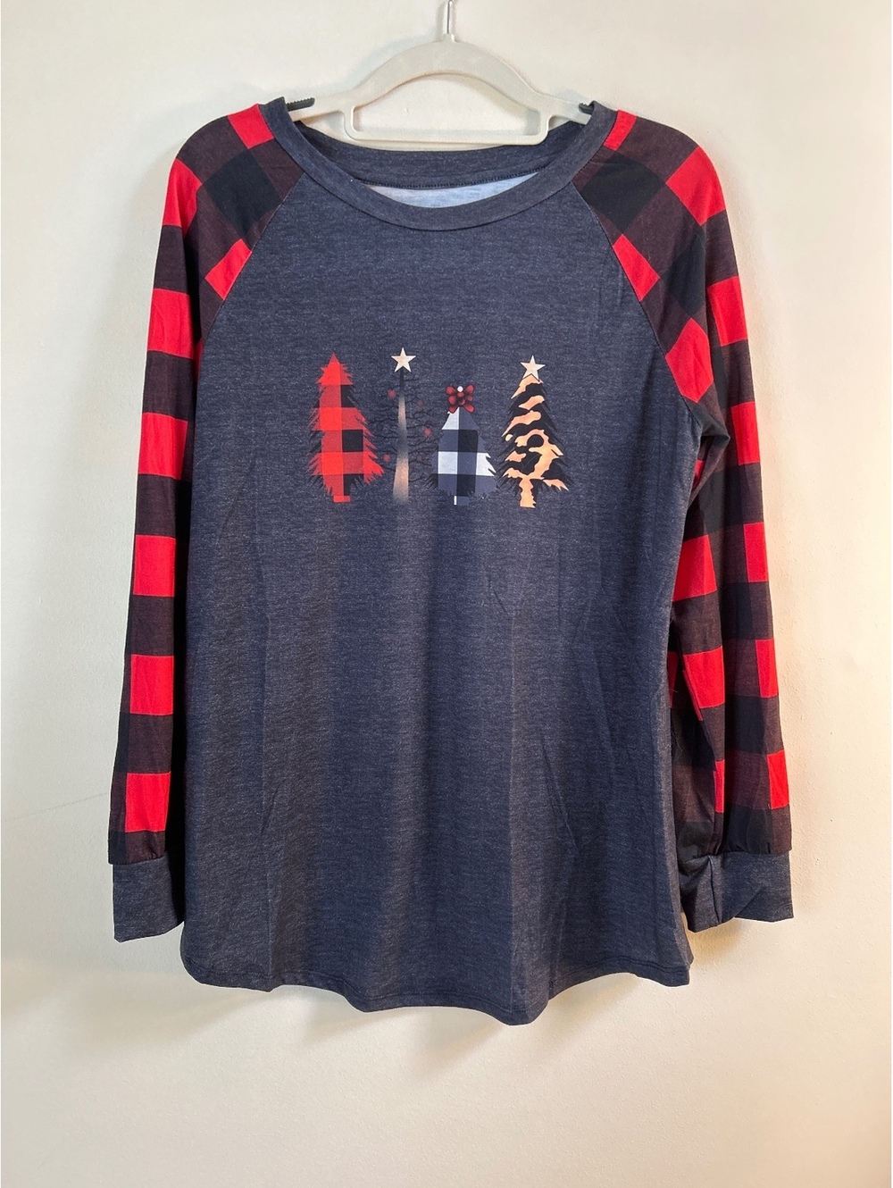 Women's Long Sleeve Raglan Shirt with Buffalo Check Christmas Trees